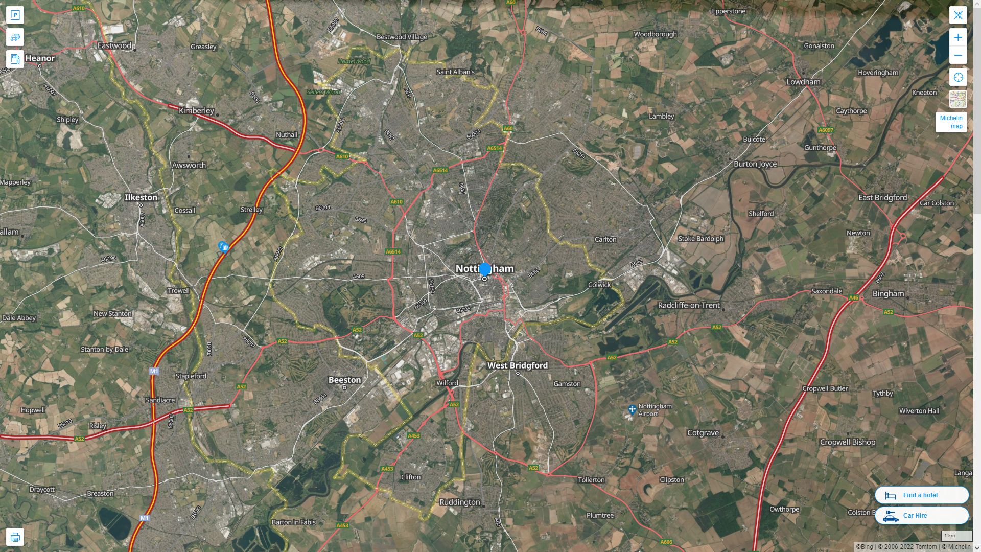 Nottingham Royaume Uni Autoroute et carte routiere avec vue satellite
